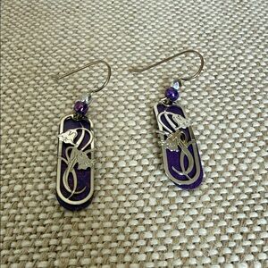 Vintage Purple Enamel Dangle 925 Earrings